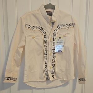 Kids Embroidered Western Button Down Shirt - Cream